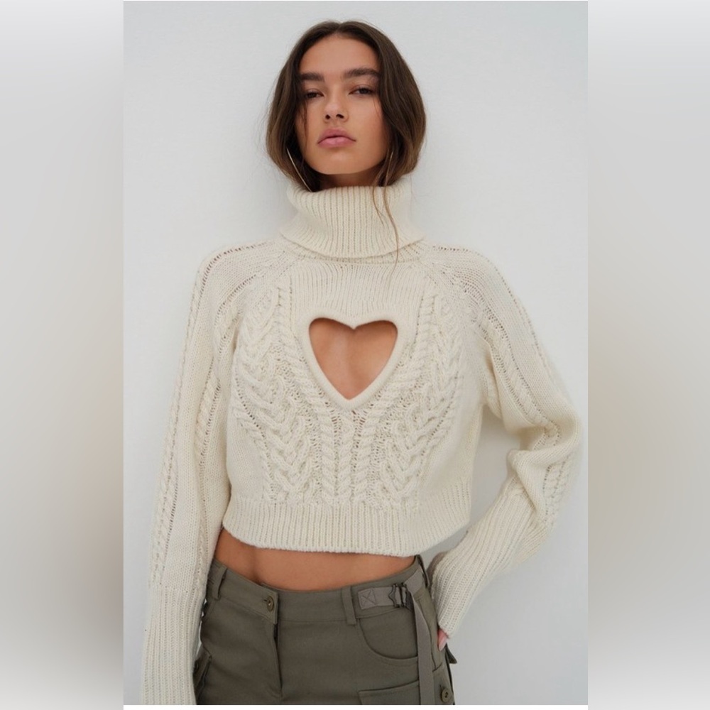 For Love And Lemons Cream Heart Cutout Turtleneck Sweater
